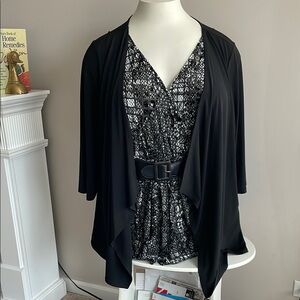 Chic Black White and gray Patterned Blouse with attached Cardigan